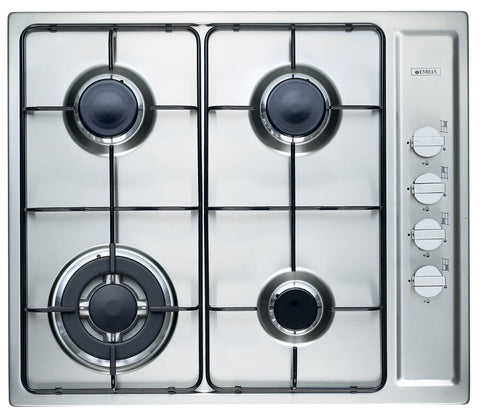 Emilia 60cm Natural Gas Cooktop - Stainless Steel, Wok Burner, One-Piece Hob, Enamelled Trivets - SEC64GWI