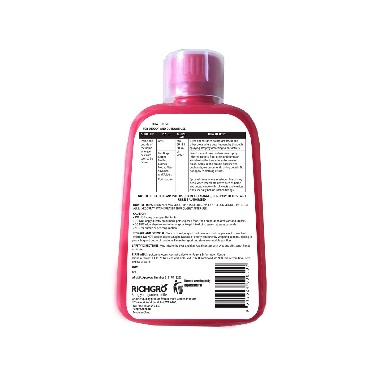 Richgro 500ml Ant Spider and Cockroach Killer Concentrate Indoor Outdoor