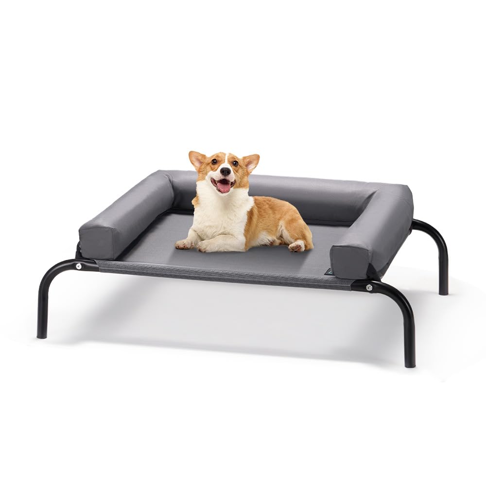 Cooling Elevated Dog Bed with Bolster - Grey, Large 107 x 80 x 20cm - Textilene Mesh, Steel Frame, Holds 60kg
