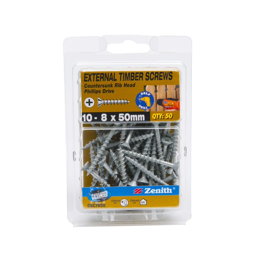 Zenith 10-8 x 50mm Galvanised Countersunk Rib Head Timber Screws - 50 Pack