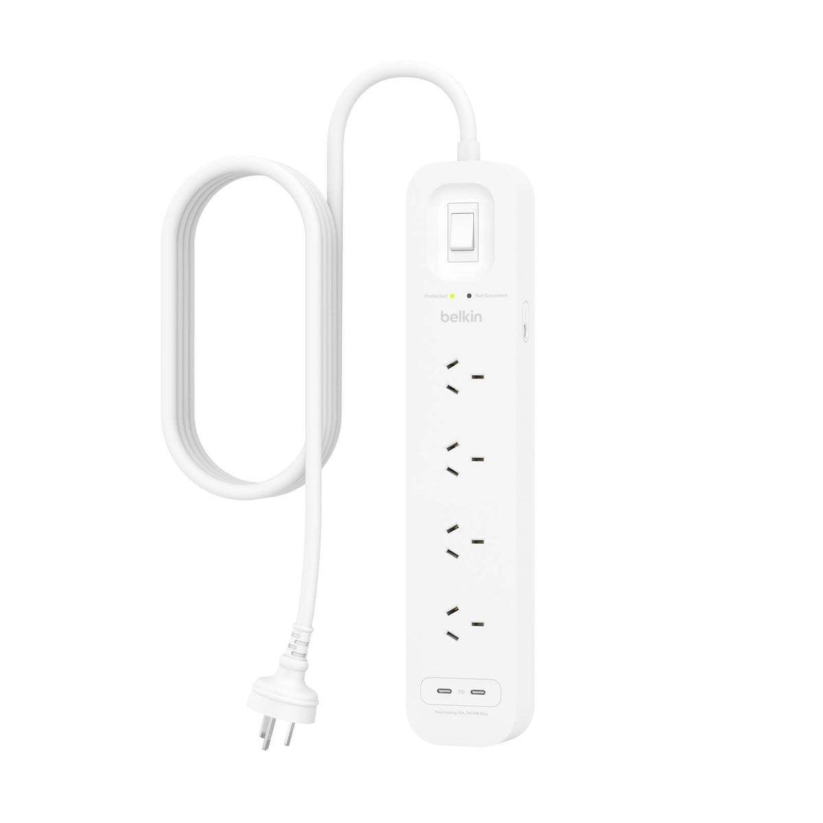 Belkin 4 Outlet Surge Protector - Dual USB-C 30W - 525 Joules - 2m Cord - SuperSaverAU - view 1