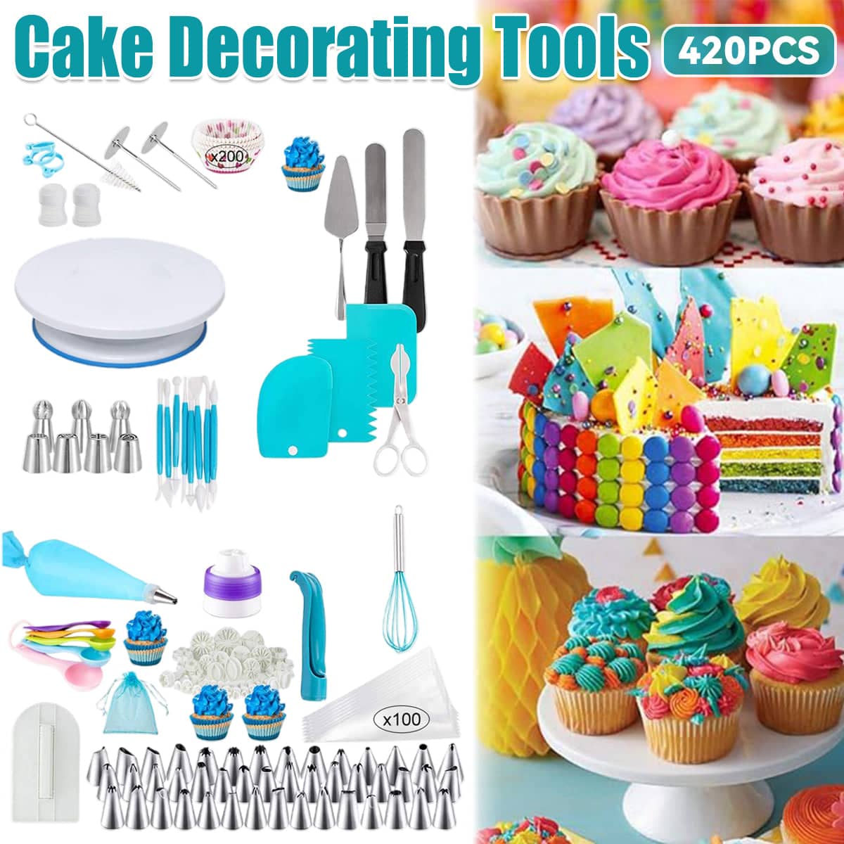 420 Piece Cake Decorating Kit with Rotating Turntable, Nozzles and Piping Bags