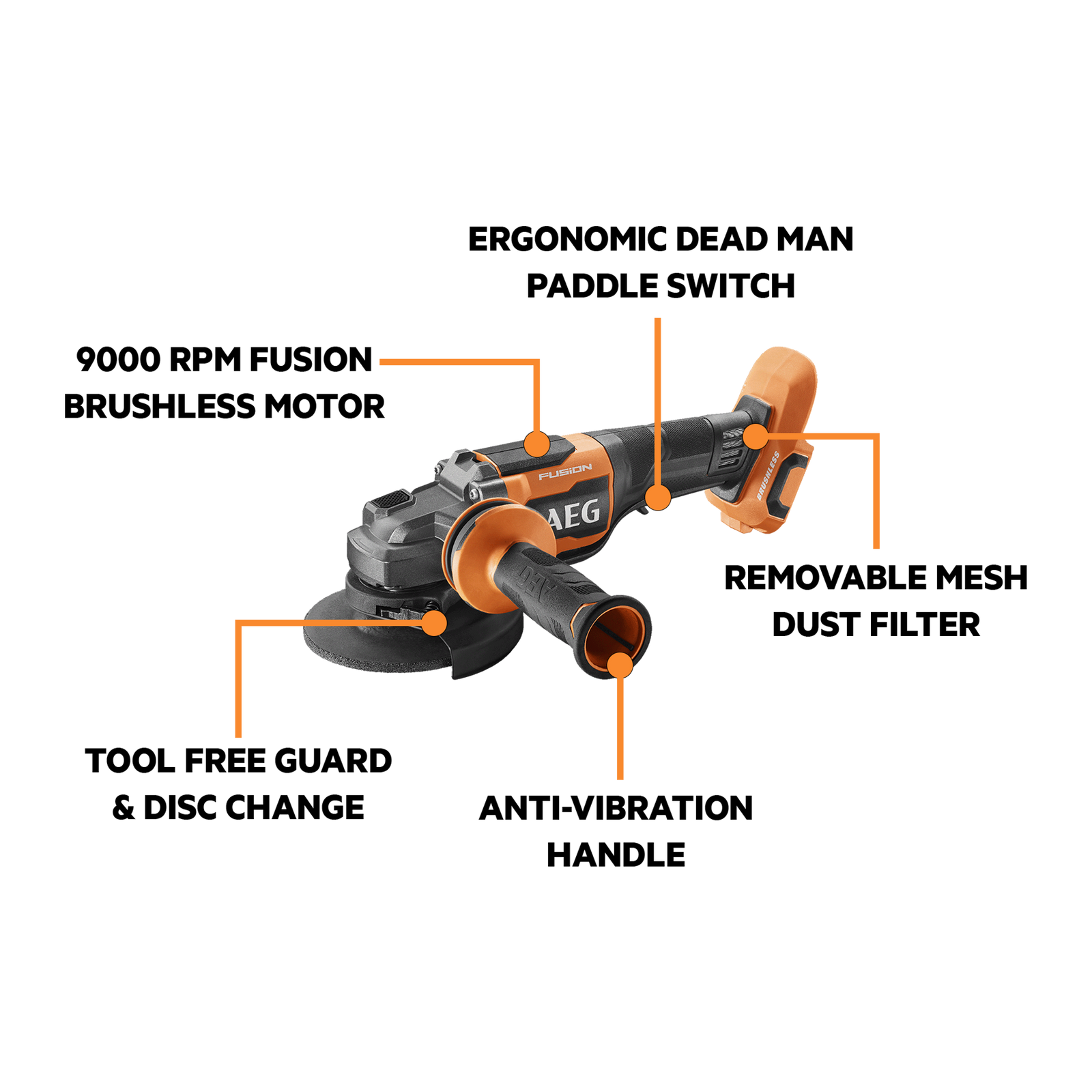 AEG 18V 125mm Fusion Angle Grinder Skin Only A18FSAG1250