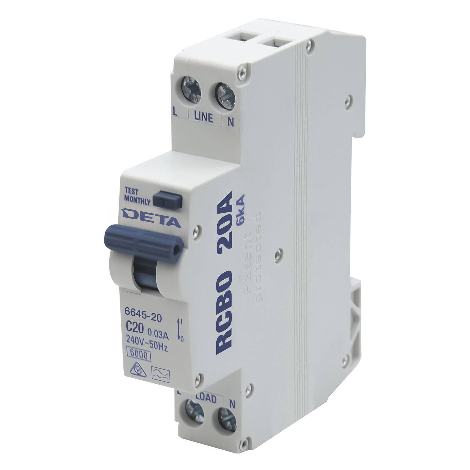 DETA 20A 240V RCBO Residual Circuit Breaker with Overload Protection 6645-20B