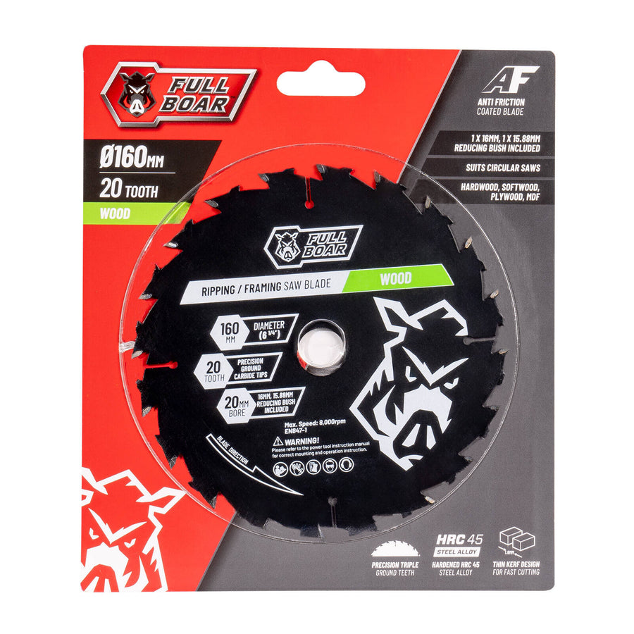 Full Boar 160mm 20T Wood Circular Saw Blade, 20mm Bore (15.88/16mm Bush)