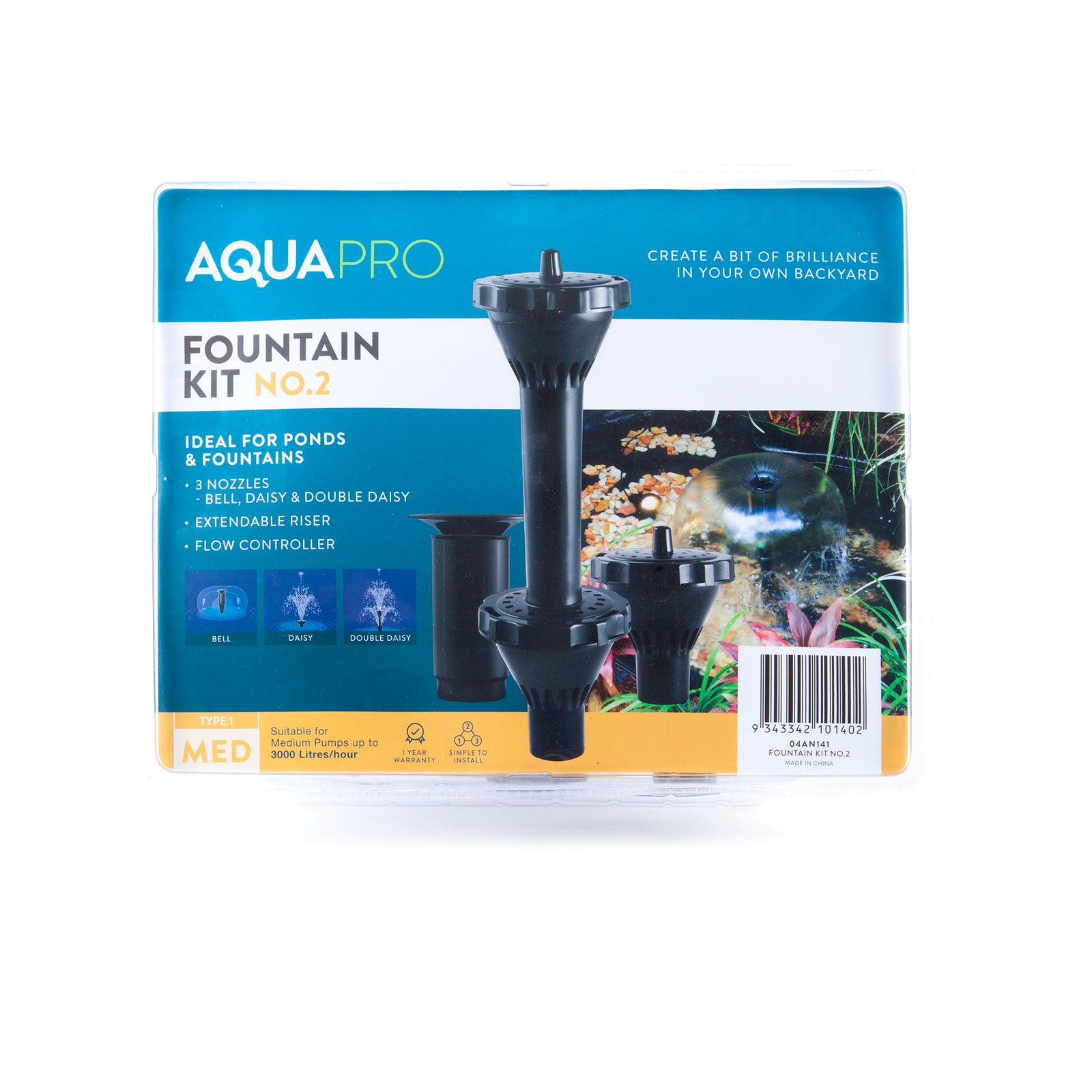 Aquapro No. 2 Medium Fountain Kit, Submersible with 3 Nozzles and Adjustable Valve
