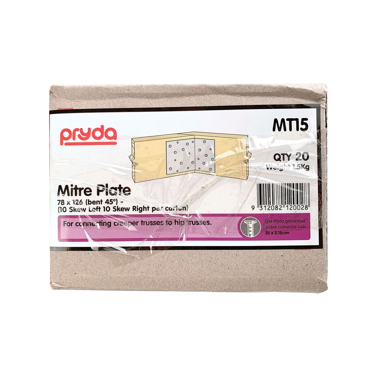 Pryda Mitre Plate - 78 x 126mm - Galvanised Steel - 45 Degree Angle - SuperSaverAU - view 3