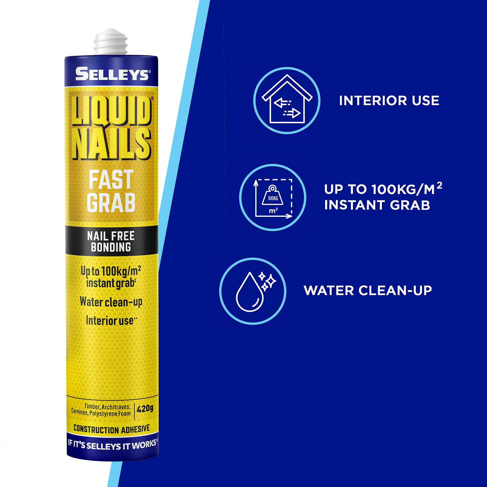 Selleys Liquid Nails Fast Grab Construction Adhesive 420g - 3 Pack, Acrylic Polymer, Bridges Gaps