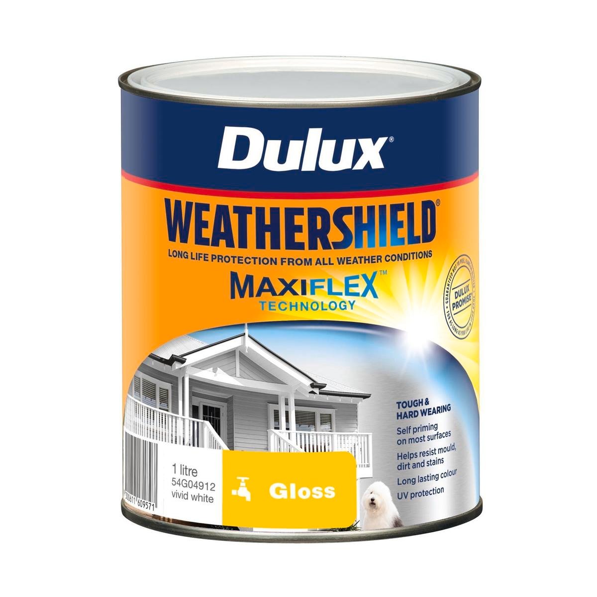 Dulux Weathershield Exterior Paint - Vivid White Gloss - 1L - 110mm x 137mm - SuperSaverAU - view 1