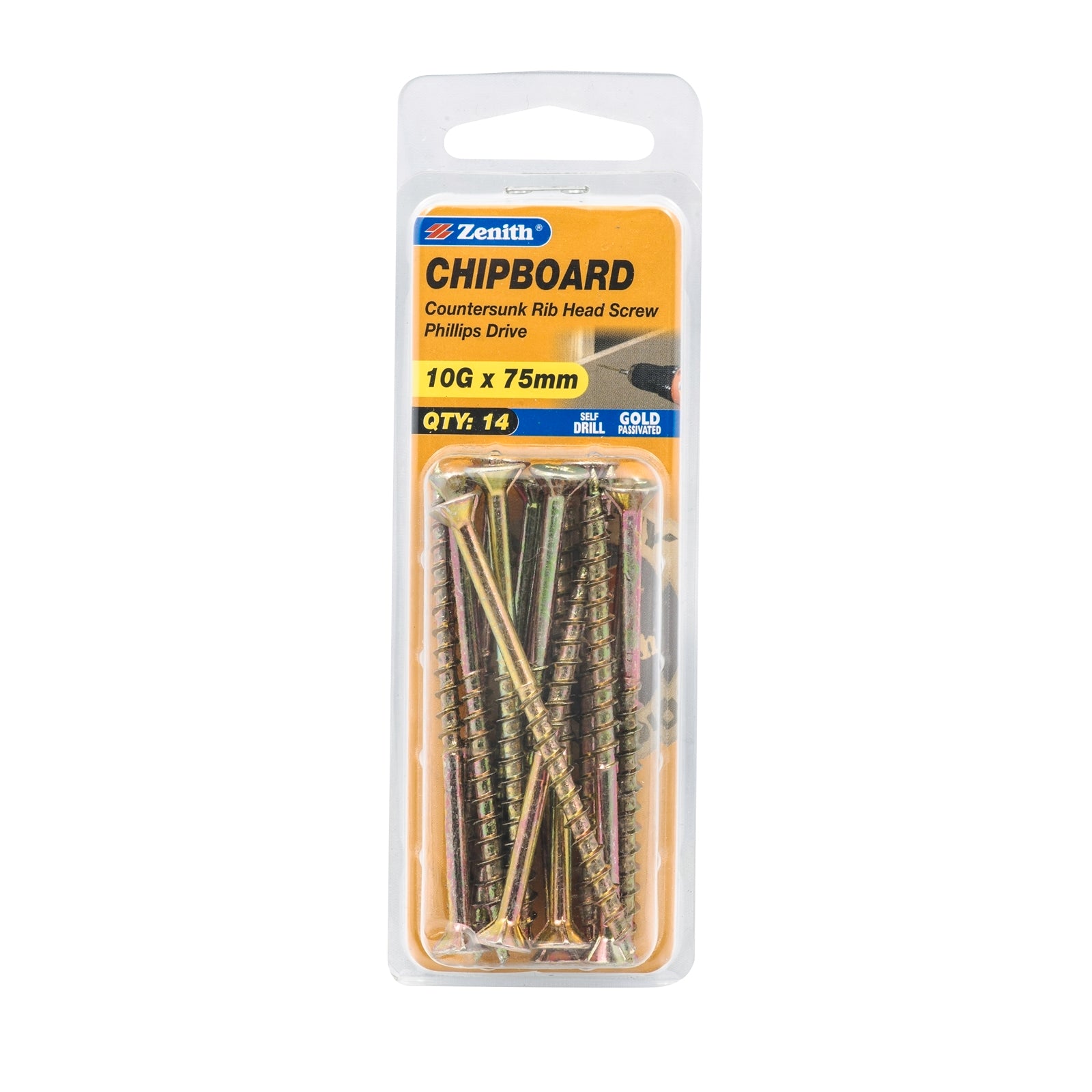 Zenith 10G x 75mm Gold Passivated Countersunk Rib Head Chipboard Screws - 14 Pack