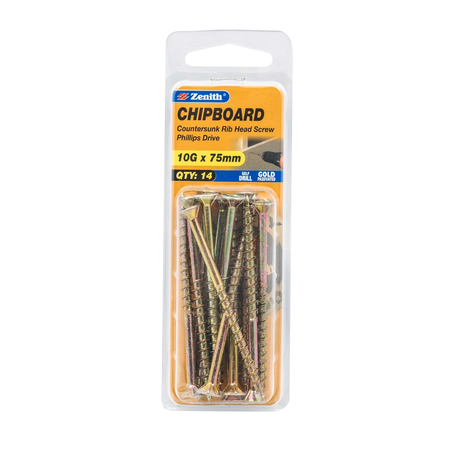 Zenith 10G x 75mm Gold Passivated Countersunk Rib Head Chipboard Screws - 14 Pack