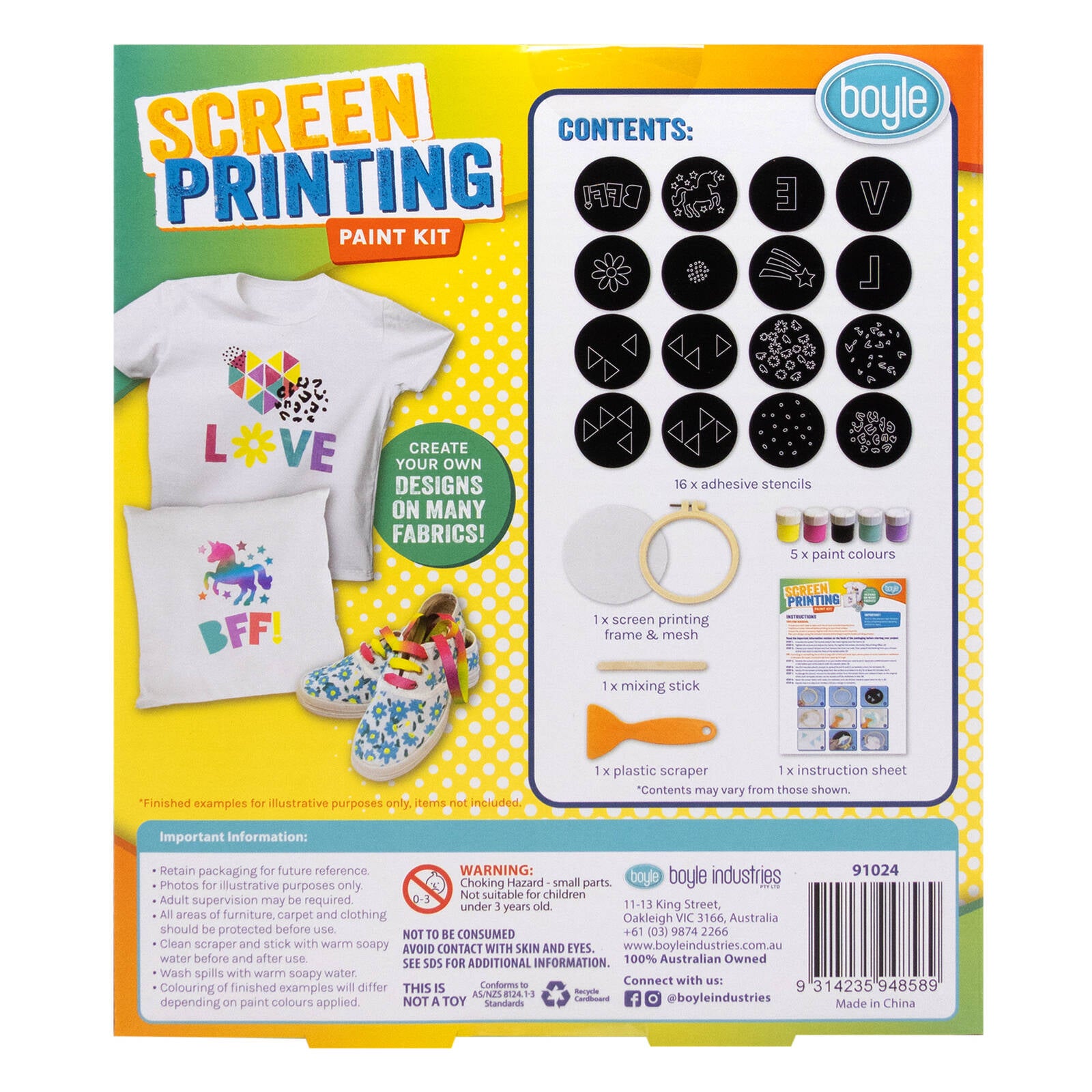 Boyle DIY Screen Printing Paint Kit with 5 Colours, Frame, Scraper & 16 Stencils