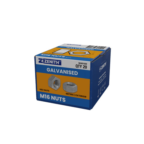 Zenith M16 Hot Dip Galvanised Hex Nuts - 20 Pack