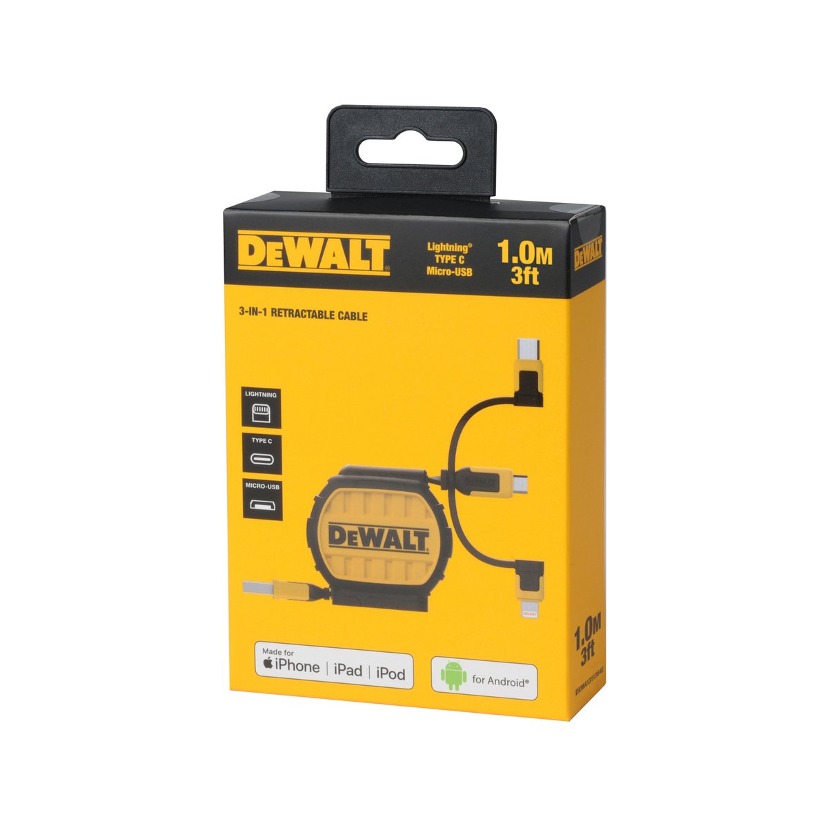 Dewalt 1m Retractable Charging Cable - 3 in 1 Type C, Micro USB, Lightning - Kevlar Reinforced