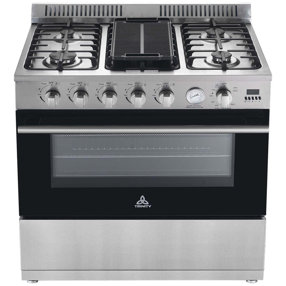 Trinity 90cm Natural Gas Freestanding Oven 132L - Stainless Steel, Air Fry, Rotisserie, Wok Burner - TRFSGO901