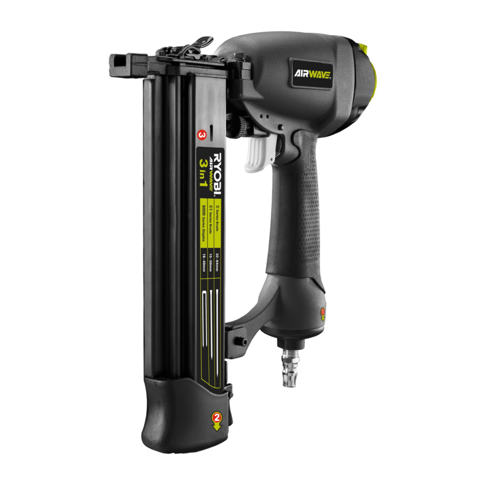 Ryobi Airwave 3 in 1 Air Brad Nailer and Stapler, 15-64mm, Grey RA-NBS1664-S