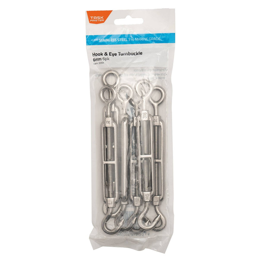 Taskmaster 6mm 316 Stainless Steel Turnbuckle 6 Pack - Tensioning Wire - 90mm x 250mm - Steel - SuperSaverAU - view 1