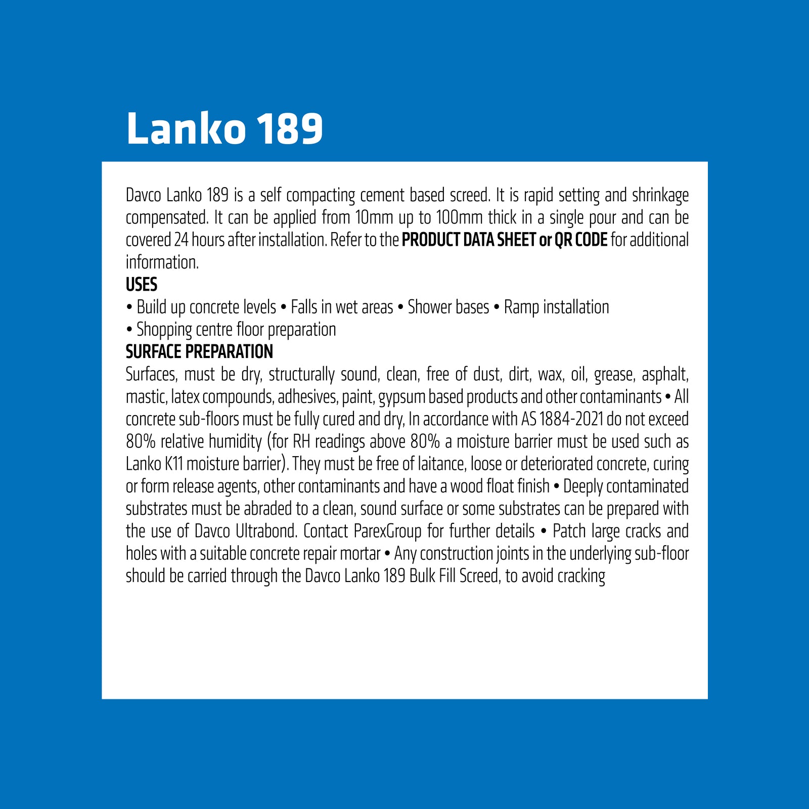 Davco Lanko 189 Bulk Fill Screed 5kg, Rapid Setting Cement Based, Grey
