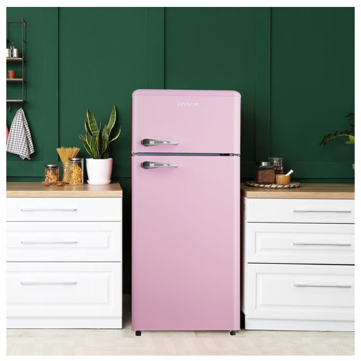 Linarie 209L Retro Top Mount Fridge - Pink Finish, Adjustable Shelves, 3 Star Energy - LK200DDPINK