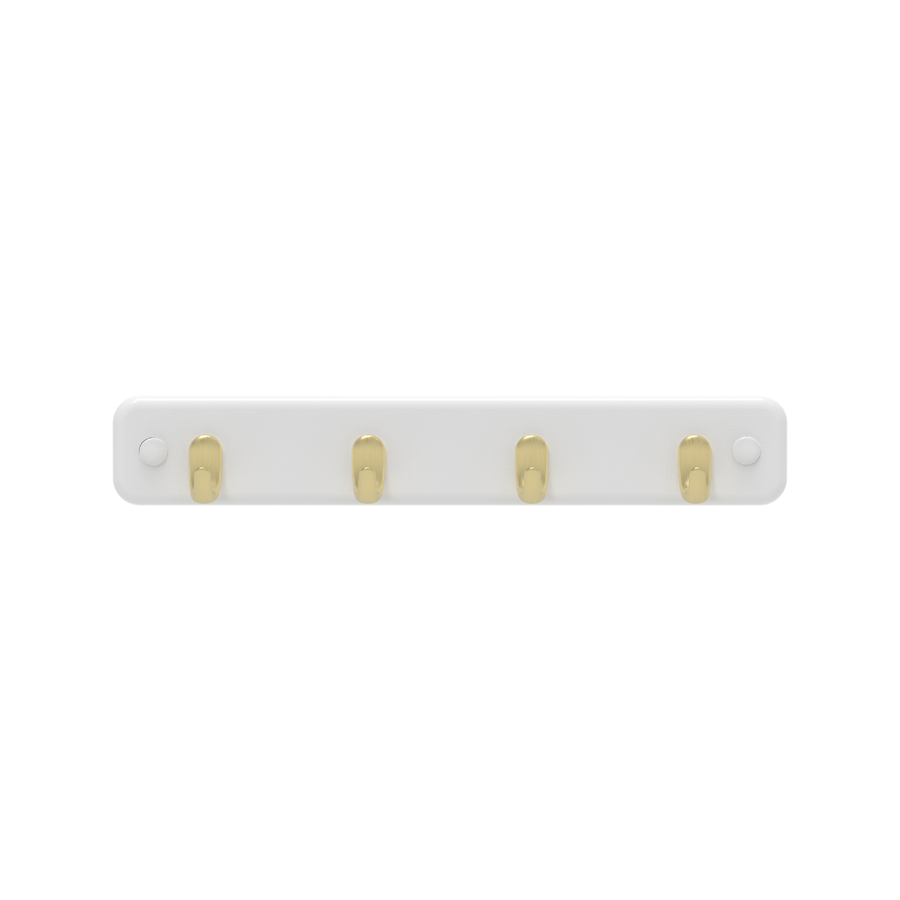 Mode 4 Key Rack - 7 Hooks - Brushed Brass on White Board - 245mm x 40mm x 32mm - SuperSaverAU - view 1