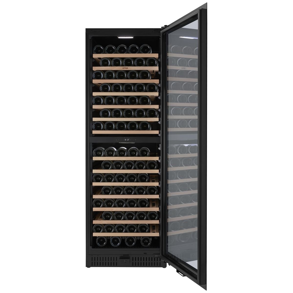 Omega 169 Bottle Dual Zone Wine Cabinet - Black - Triple Glazed UV Glass Door - 14 Timber Shelves - OCW166SB