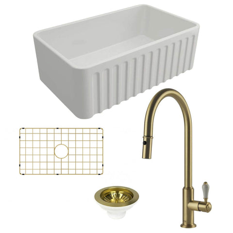 Turner Hastings Novi 75 Butler Sink Pack - Brushed Brass Ludlow Pull Out Mixer Tap - PKG019