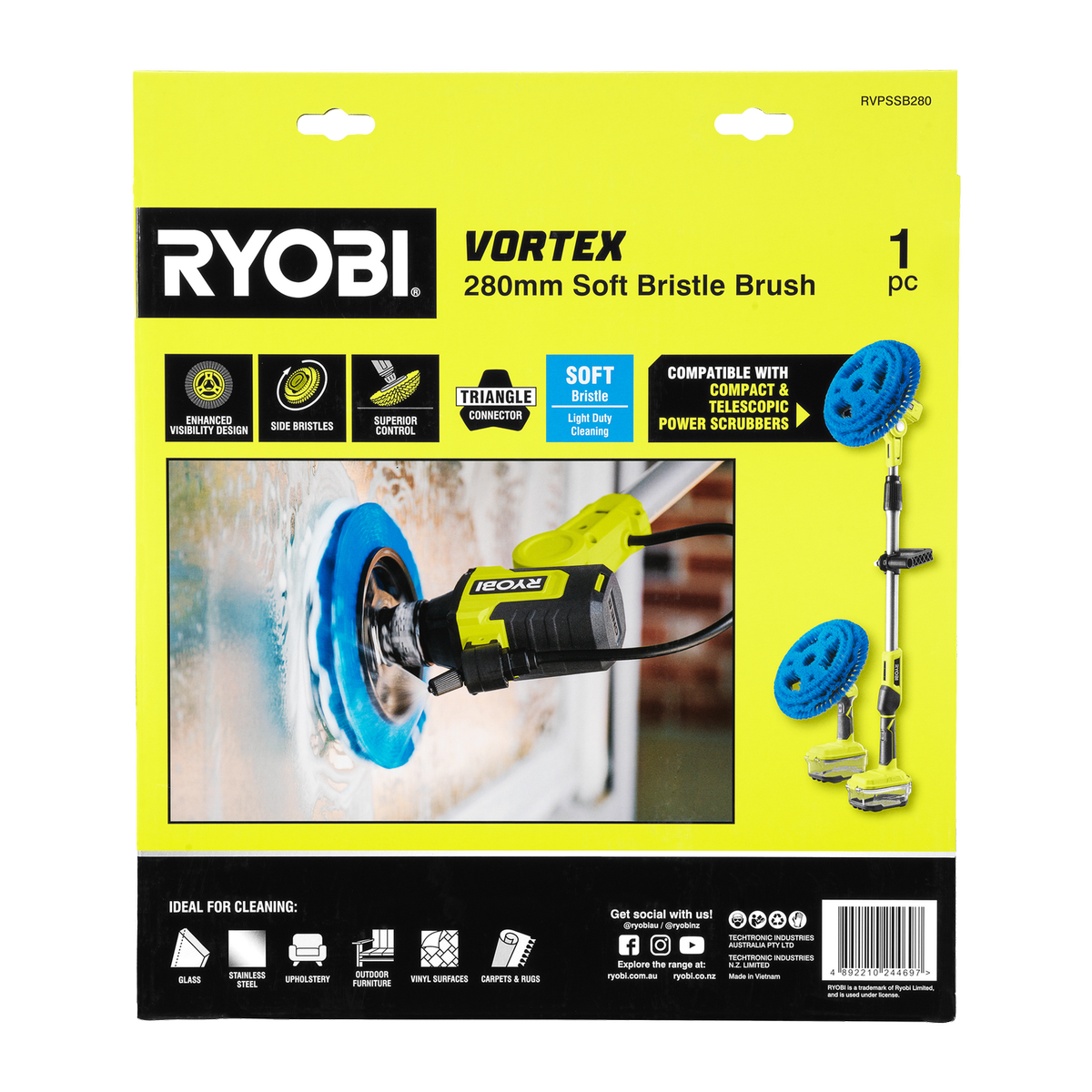 Ryobi 280mm Soft Bristle Power Scrubber Brush - Light Duty Cleaning Tool - SuperSaverAU - view 3