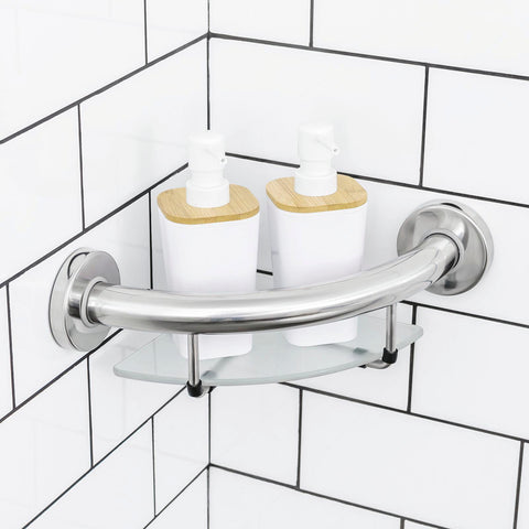 evekare Corner Shelf with Grab Rail - 260mm Stainless Steel & Glass 110kg