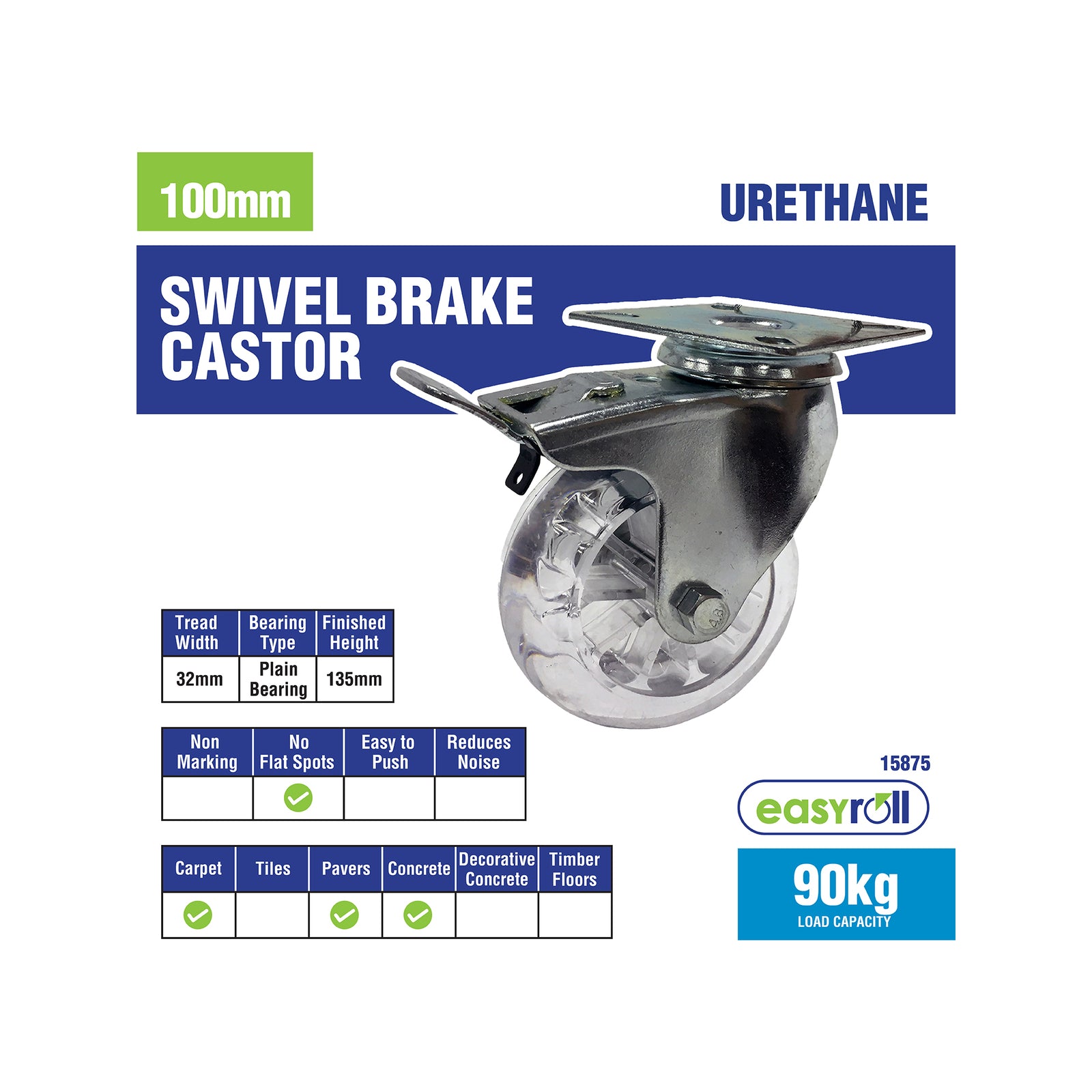 Easyroll 100mm Transparent Polyurethane Swivel Plate Brake Castor 90kg
