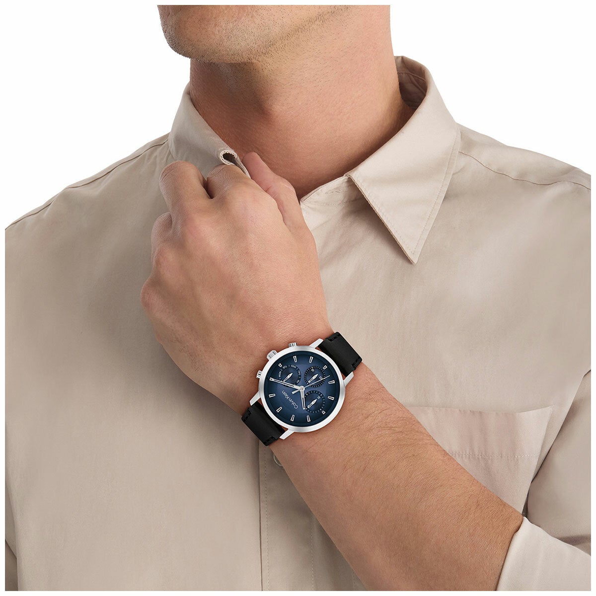 Calvin Klein Gauge Black Leather Wristwatch Mens Blue Dial 41mm Case — image 3