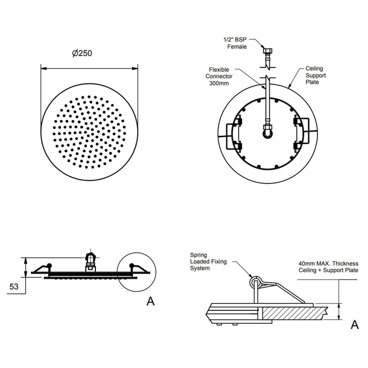 Rogerseller Pinch Round Ceiling Shower - 3 Star Water Rating, 9L/min - Chrome - 3506004201