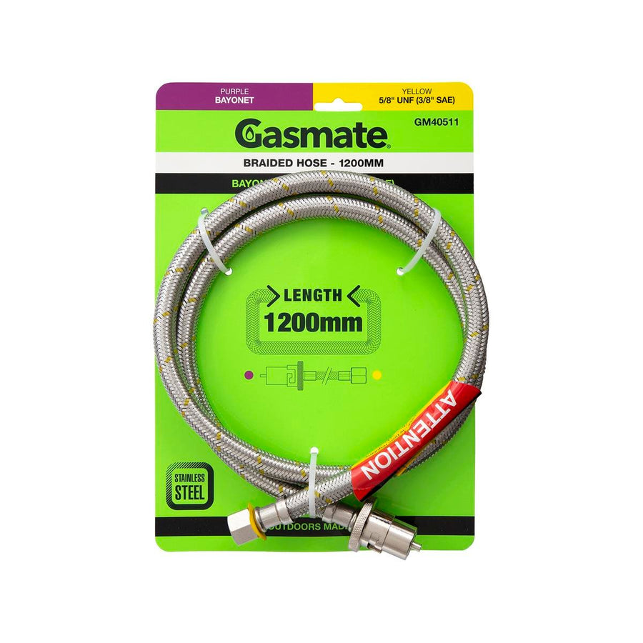 Gasmate Hose 1200mm Bayonet to 5/8" UNF 3/8" SAE - Durable Stainless Steel - SuperSaverAU - view 1