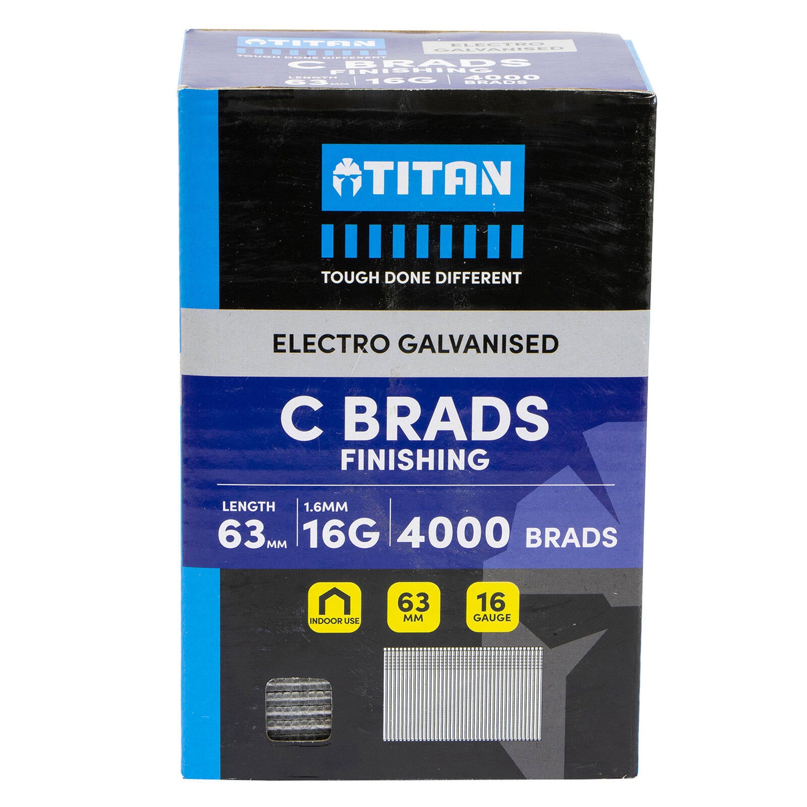 Titan 63 x 1.6mm 16 Gauge Electro Galvanised Straight Collated C Brads - 4000 Pack