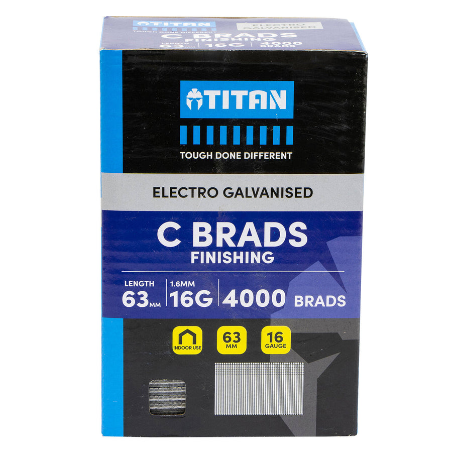 Titan 63 x 1.6mm 16 Gauge Electro Galvanised Straight Collated C Brads - 4000 Pack