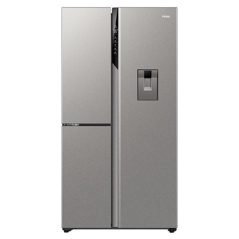 Haier 574L Three Door Side by Side Fridge - Satina Silver, Non-Plumbed Water Dispenser - HRF575XHS