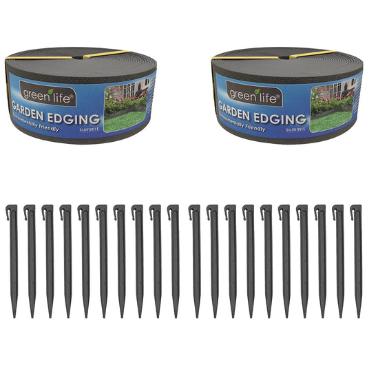 Greenlife Plastic Garden Edging 2 x 1000 x 7.5cm With 20 Pegs Black