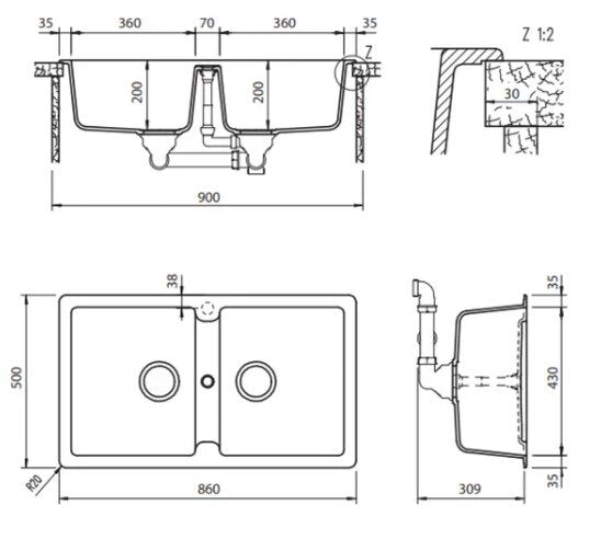 Abey Cristalite Plus double bowl sink with taphole, no drainer - top or undermount - Concrete Grey - TN200C