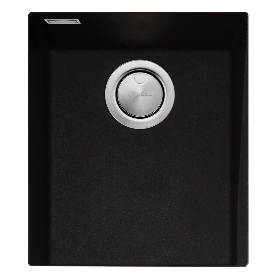 Oliveri Santorini black single bowl undermount sink - 27L, granite and quartz, with overflow - ST-BL1530U-OF