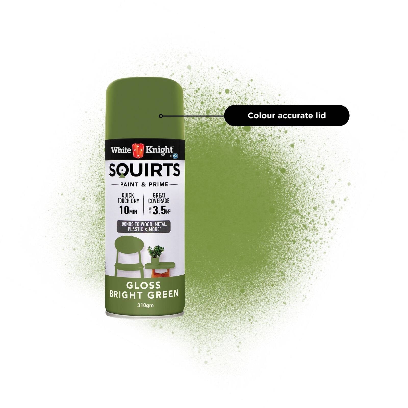 White Knight Squirts Bright Green Gloss Spray Paint 310g - Solvent-Based, UV Resistant