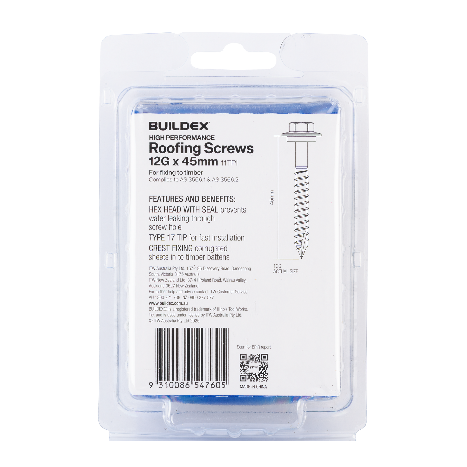 Buildex 12G x 45mm Class 3 Roofing Screws with Seal, Type 17 Hex Head - 50 Pack