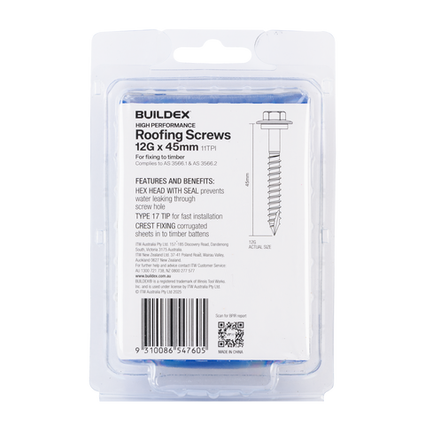 Buildex 12G x 45mm Class 3 Roofing Screws with Seal, Type 17 Hex Head - 50 Pack