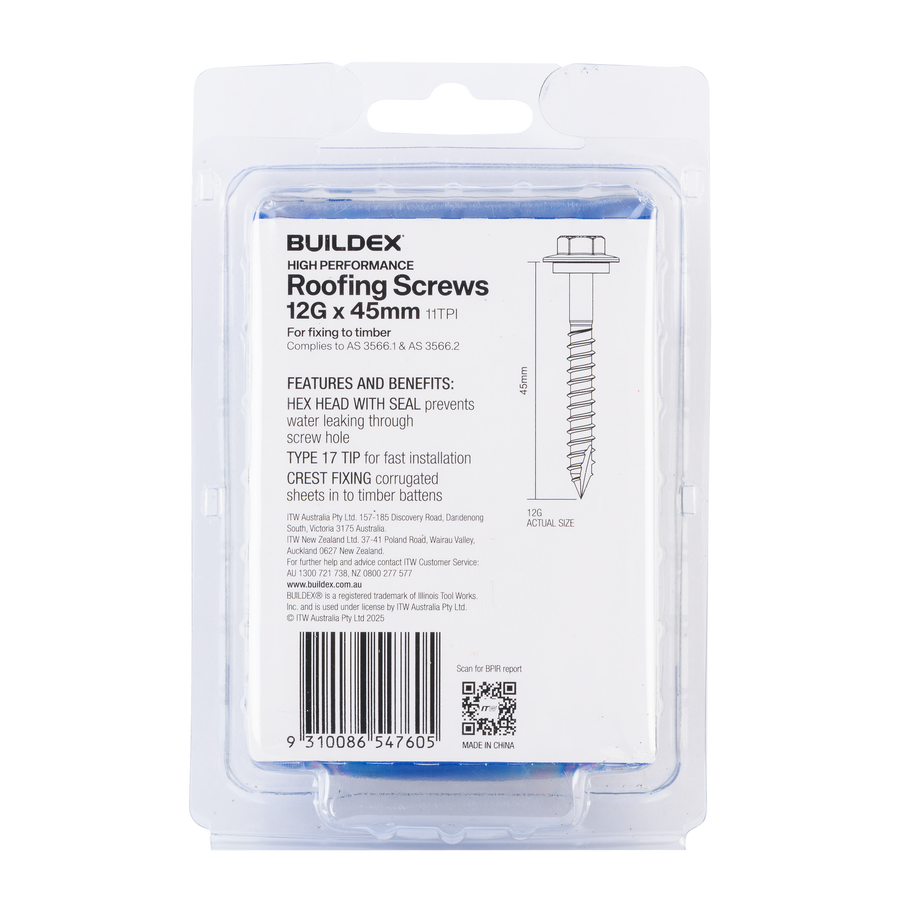 Buildex 12G x 45mm Class 3 Roofing Screws with Seal, Type 17 Hex Head - 50 Pack