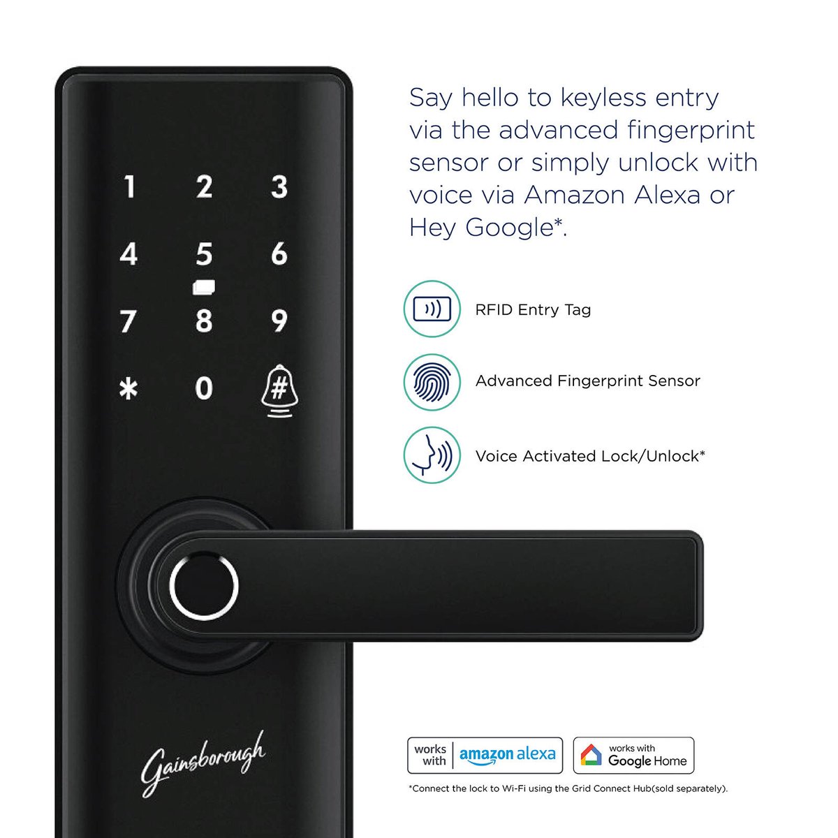Gainsborough Liberty Smart Entrance Lock - Matte Black - 310mm x 115mm x 229mm - Advanced Security Features