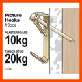 Everhang 20kg Heavy-Duty Brass Plated Steel Picture Hanging Angle Drive Hook - 10 Pack