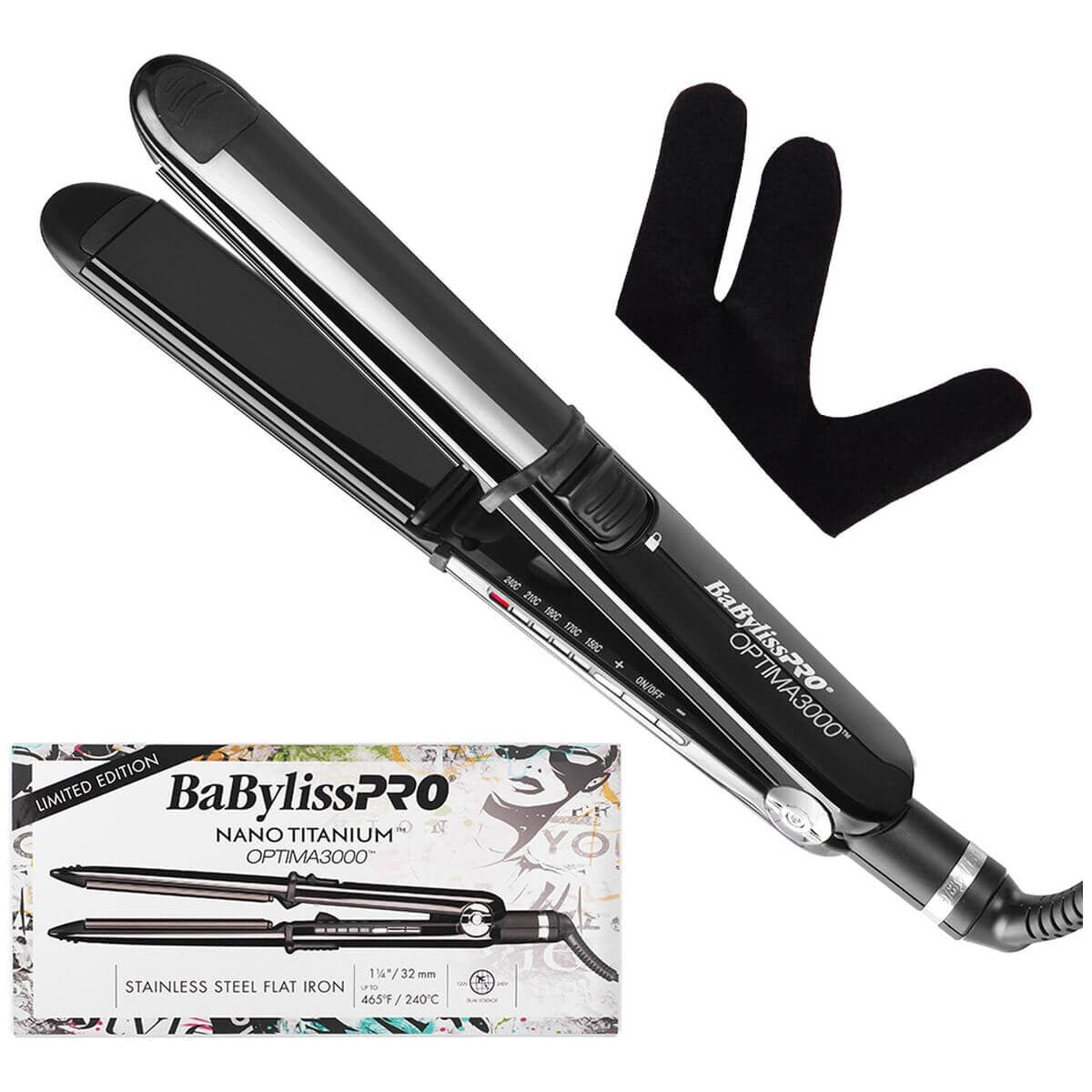 BaBylissPRO Optima 3000 32mm Hair Straightener - Black - Multi-Styling Convex Design - 900640