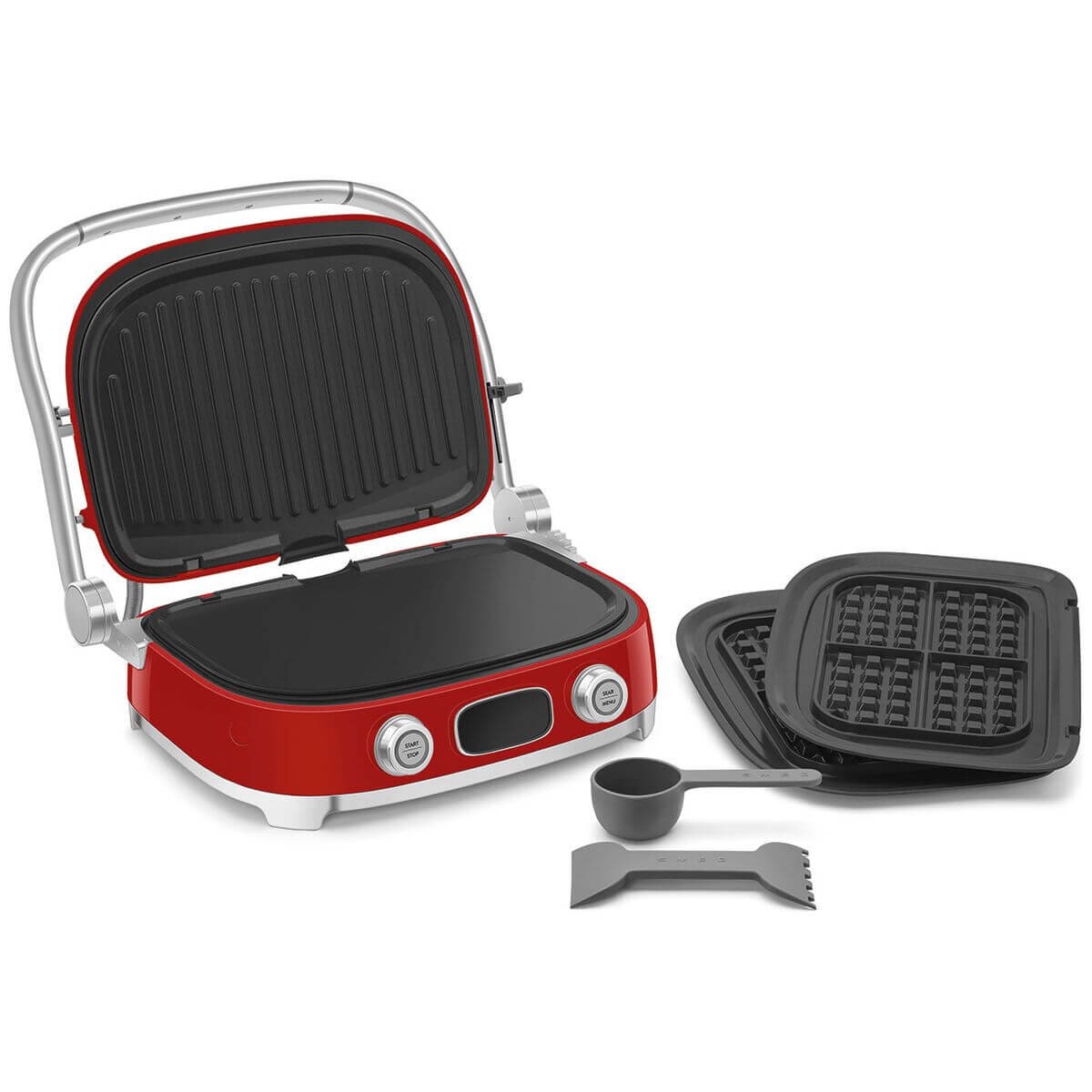 Smeg 50s Style Countertop Multifunctional Grill - Red, 2000W, Ceramic Plates, Drip Tray - MGF01RDAU