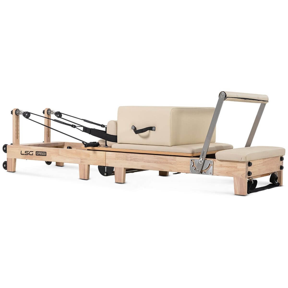 LSG Fitness Foldable Pilates Reformer - Beige, Oak Frame, Adjustable Resistance, Wheels - LGRF-GPR500