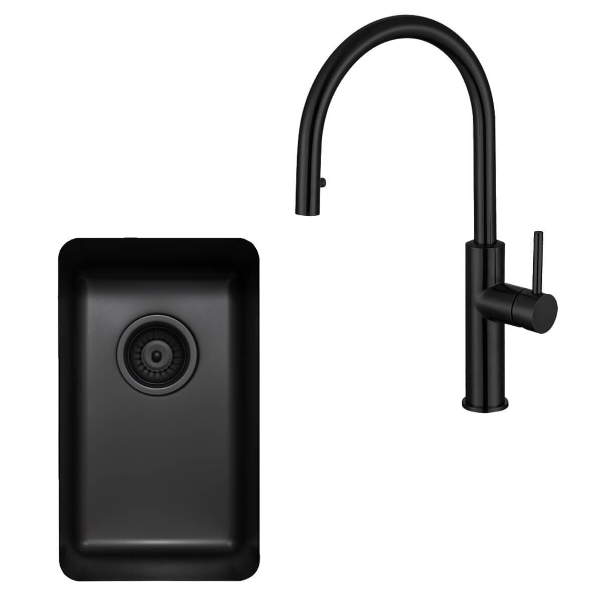 Titan Essentials 285mm Single Bowl Sink and Pull Out Gooseneck Mixer Tap Package - Matte Black - TSBSPK282