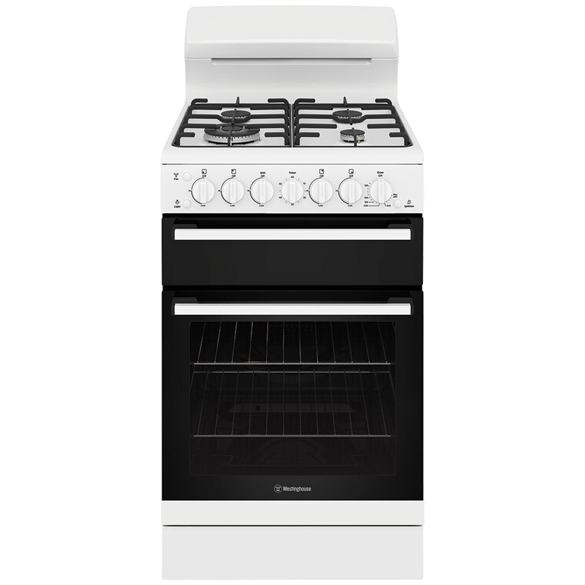 Westinghouse 54cm Freestanding Gas Stove - White, Wok Burner, Fan Bake Oven, 60 Minute Timer - WLG512WCH