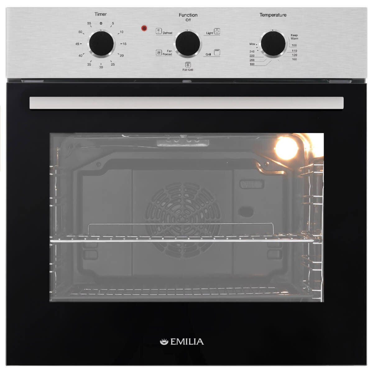 Emilia 60cm Stainless Steel Multifunction Electric Oven - 67L, 5 Functions, 10A Plug and Lead - EMRENT65E
